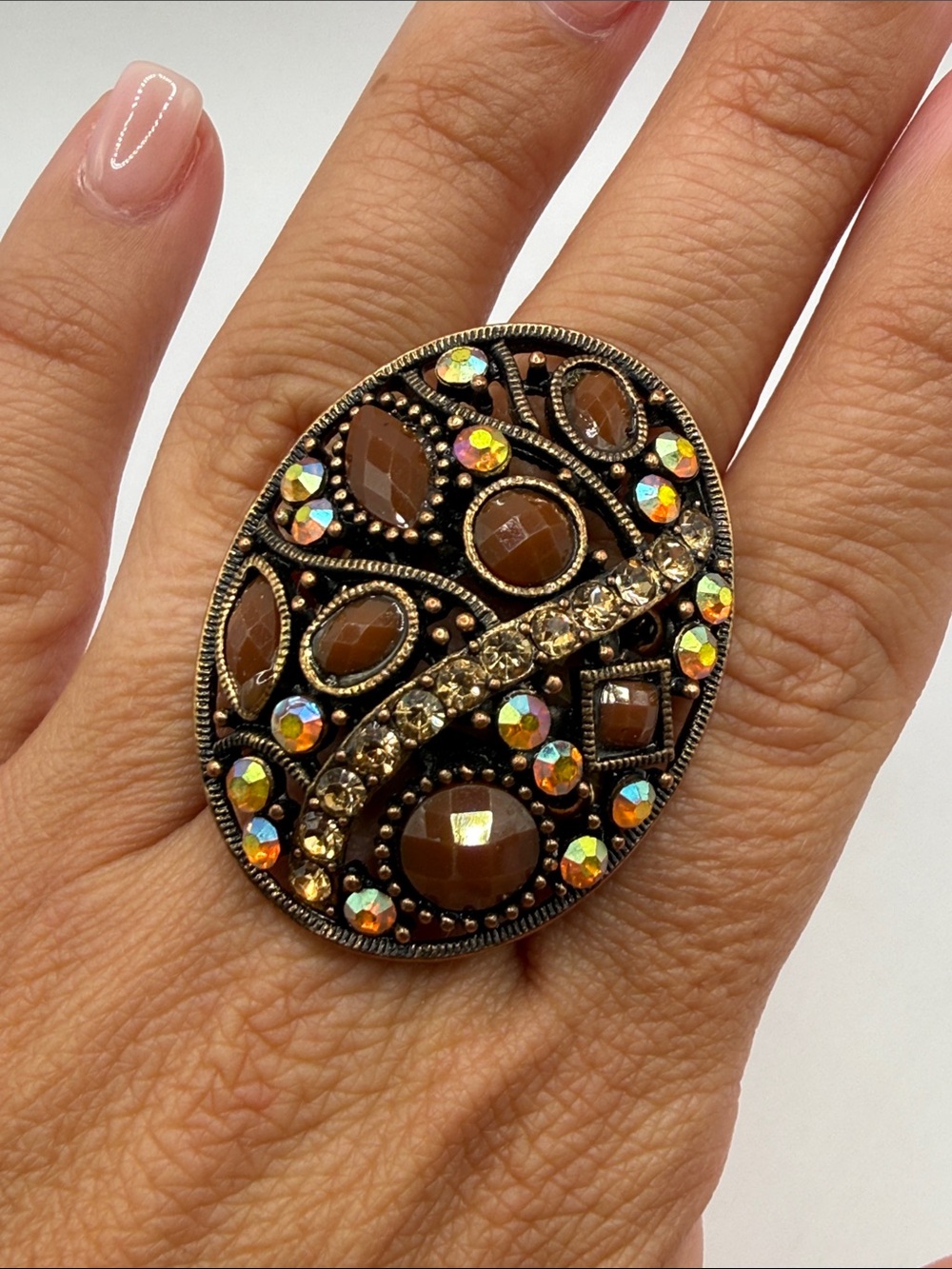 Vintage Copper Tone Brown Rhinestone Oval Adjustable Statement Cocktail Ring
